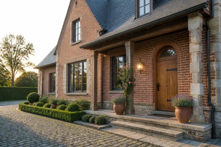 A brick farmhouse exterior with a wooden front door set in an arched brick opening and a covered porch supported by wooden posts.