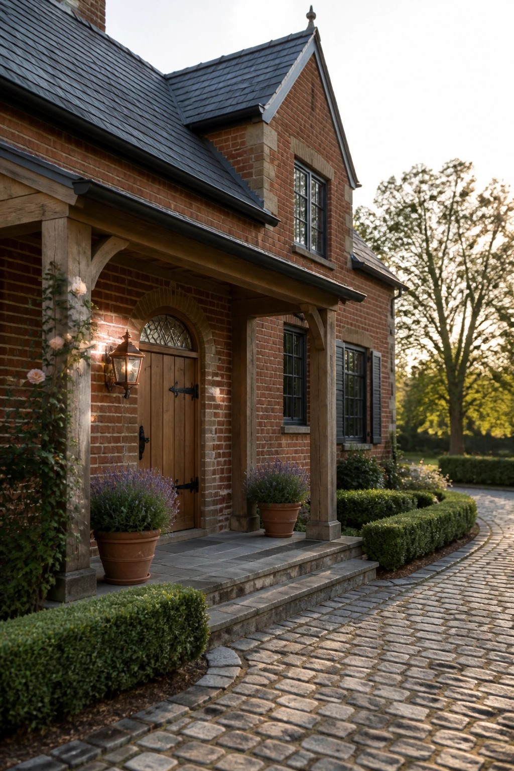 A brick farmhouse exterior with a wooden front door set in an arched brick opening and a covered porch supported by wooden posts.