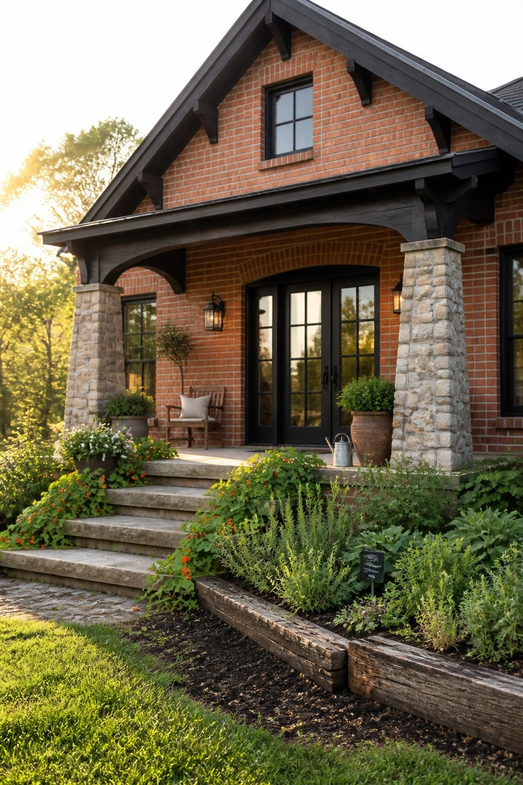 Front view of a red brick house with a covered porch supported by large stone pillars, black double doors, and stone steps bordered by garden beds.