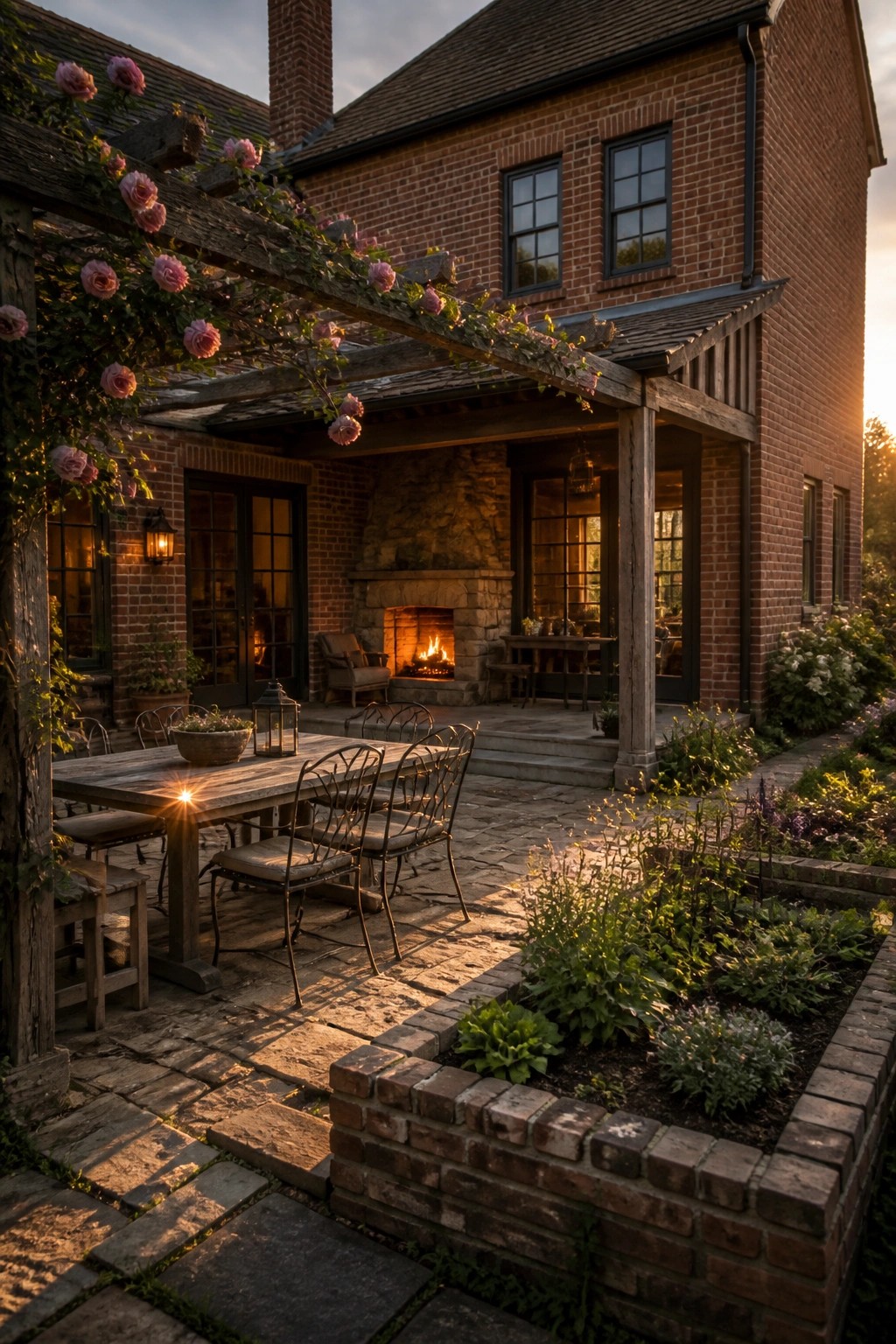 Brick farmhouse with a stone fireplace on the patio next to a wooden dining table and chairs, climbing roses on a pergola, and a raised garden bed along the stone path.