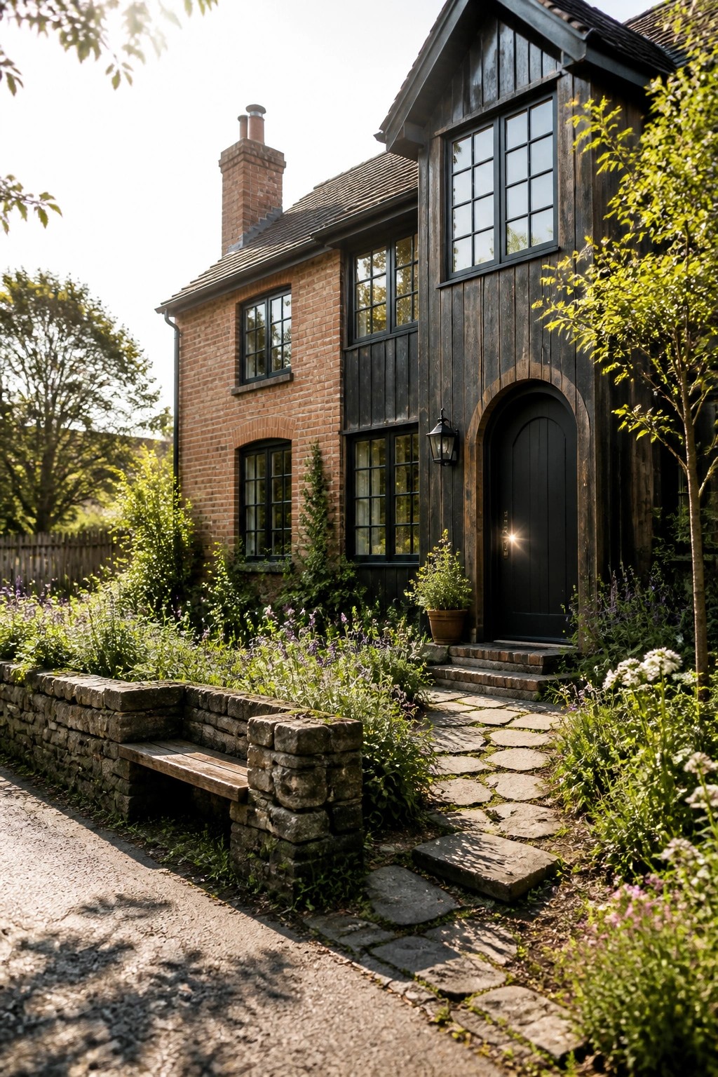 A brick farmhouse exterior with dark wood siding, black-framed windows, an arched black door, a stone pathway, and a wooden bench set against a low stone wall.