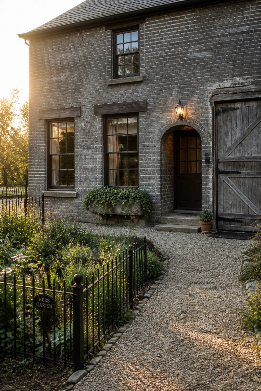 A gray brick house exterior featuring an arched dark door with a lantern above it and a large weathered wooden door to the right, set beside a gravel path and small garden beds.