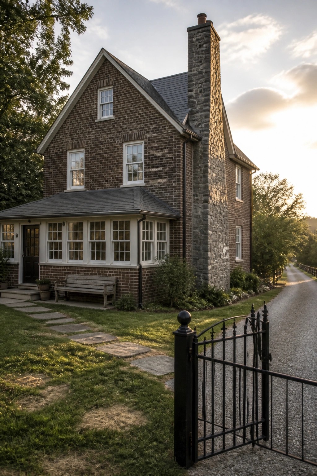 Brick house with stone chimney, porch bench, stone path, black gate, gravel road at sunset.