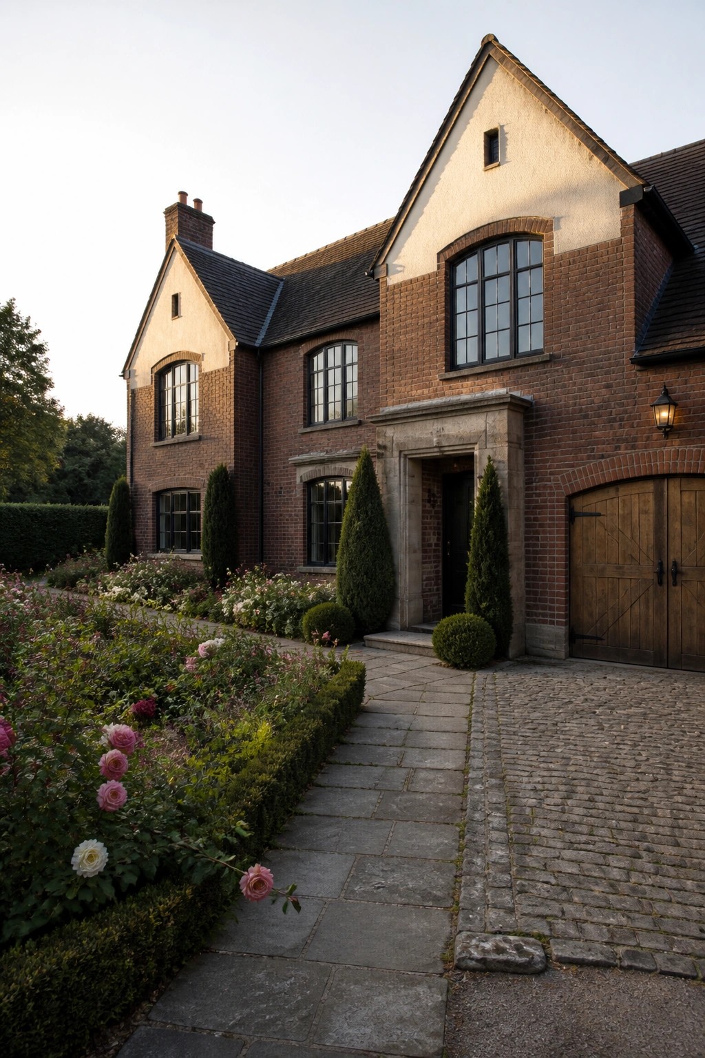 Brick house with rose garden, stone path, and wooden garage doors