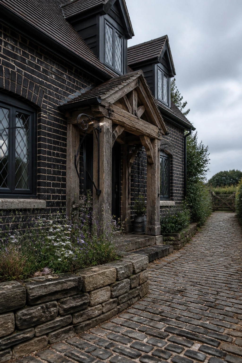 A dark brick house exterior with a prominent wooden timber entry structure over the front door and a cobblestone path alongside.