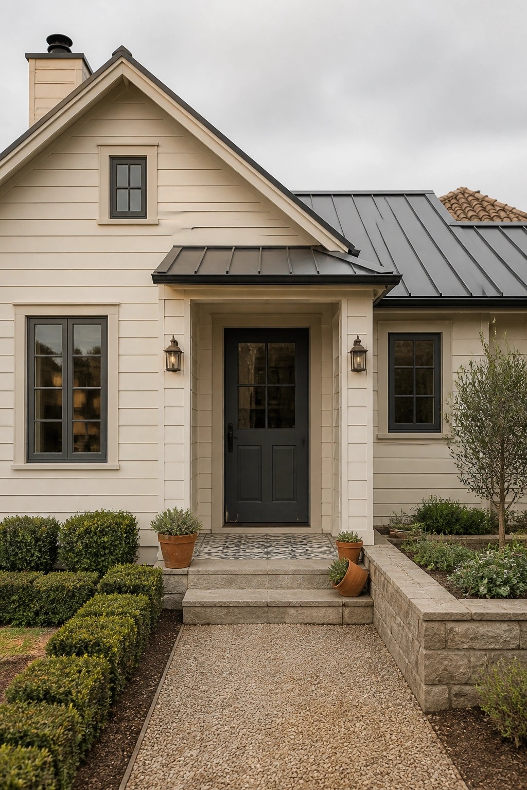 Beige house with dark door, metal roof, lantern lights, potted plants, and garden path