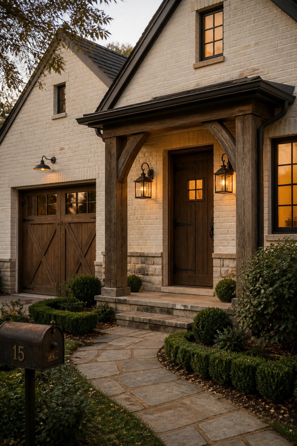 A cream painted brick exterior on a farmhouse with wood trim and a stone path.