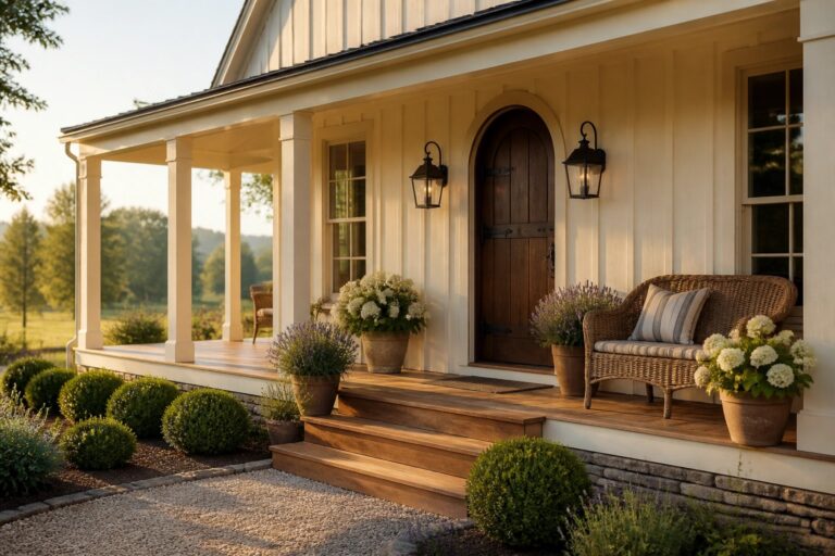 18 Cream Farmhouse Exterior Colors That Feel Warm and Inviting Yellow farmhouse porch with wicker chair, potted flowers, wooden steps, and gravel path