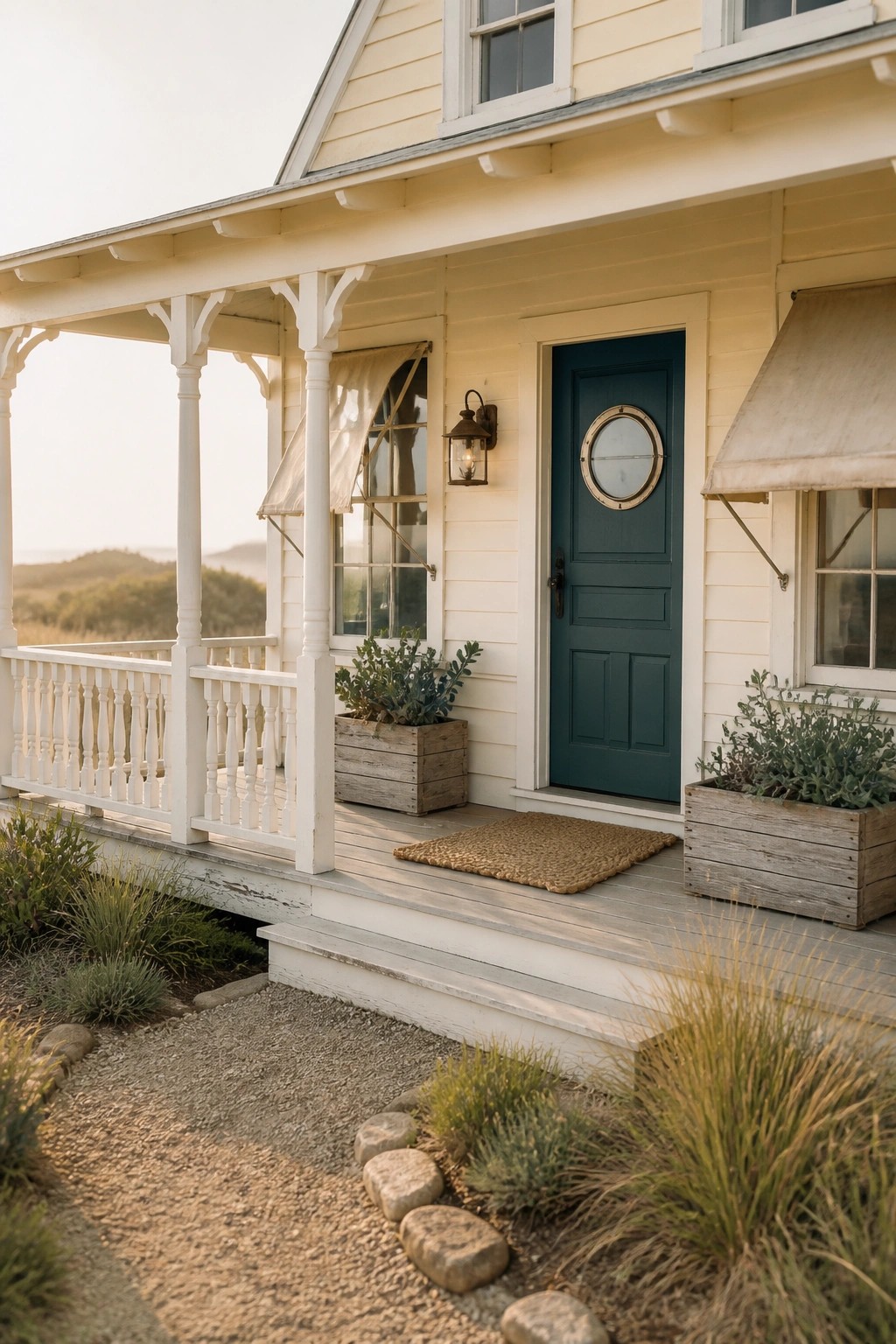 Cream painted siding on a farmhouse exterior with white trim.