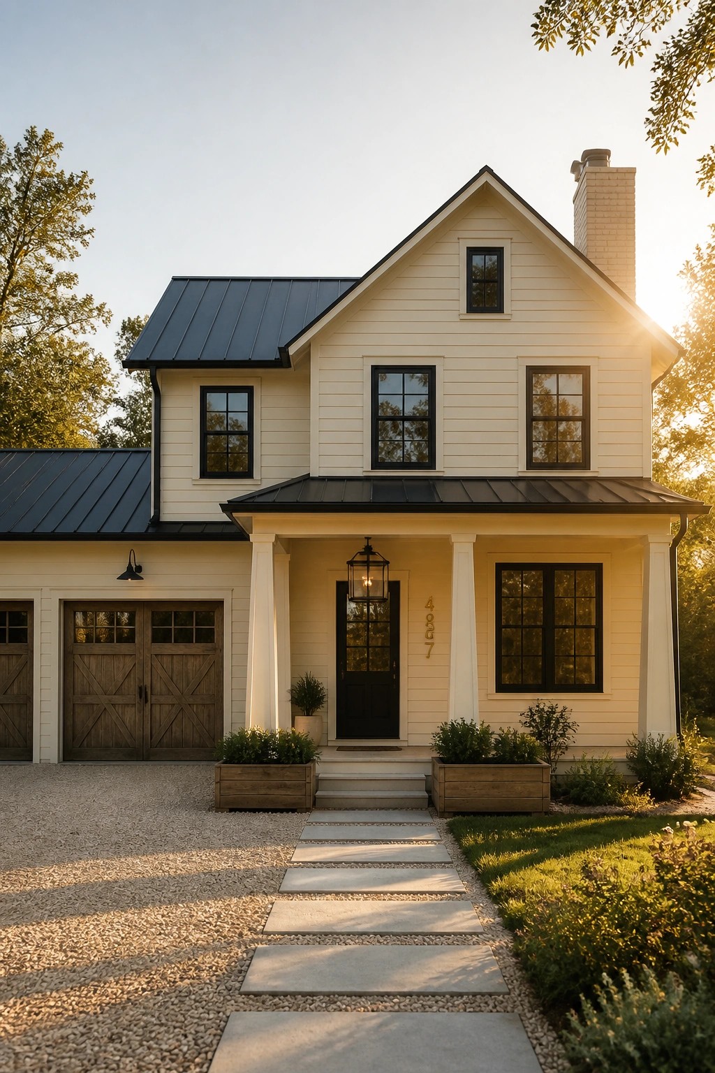 A cream-colored farmhouse exterior with dark trim and roofing.