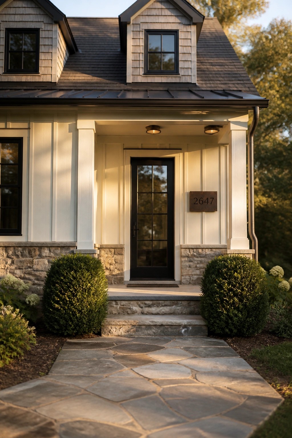 Charming house entrance with black door, stone steps, white columns, and green shrubs.