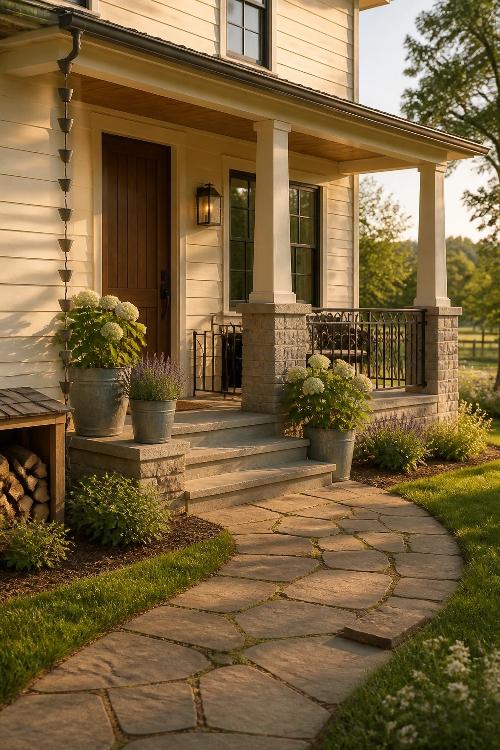 A farmhouse with warm cream siding along the front porch and steps.
