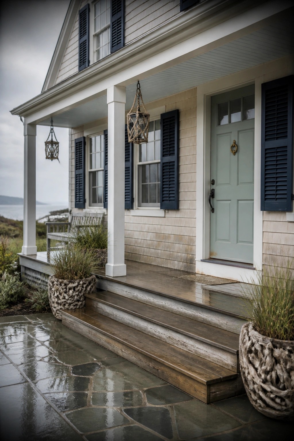 House porch with light green door, dark shutters, wet wooden steps, hanging lantern, potted grasses