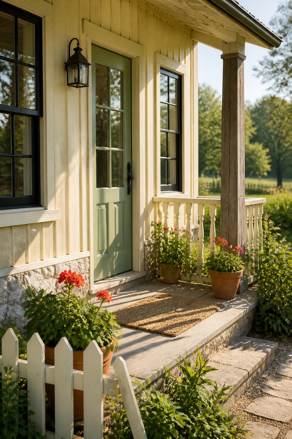 Farmhouse exterior with warm cream siding next to a stone foundation.