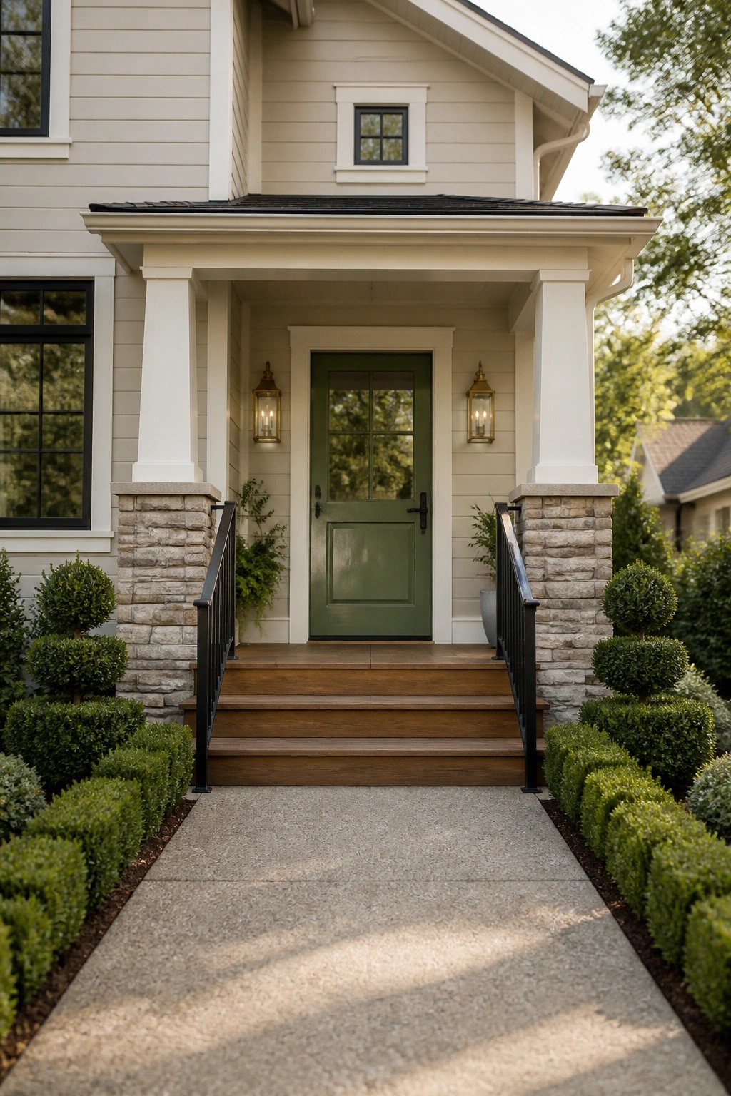 Cream painted siding on a farmhouse exterior with a covered porch.