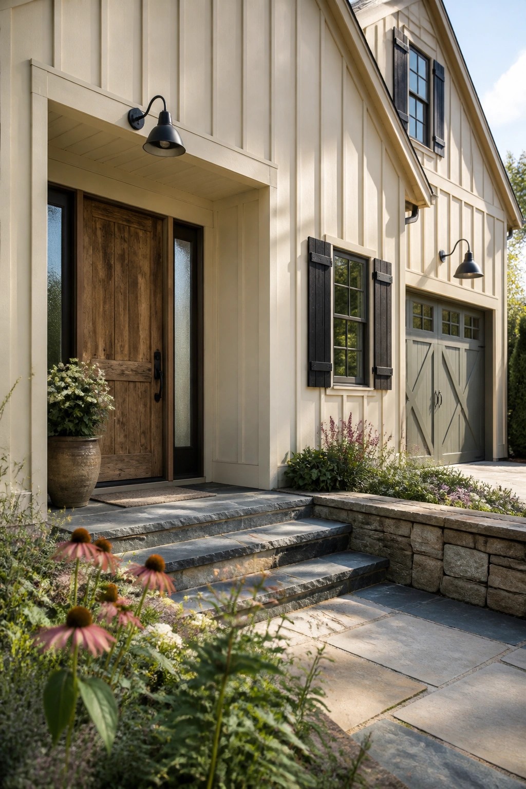 Cream painted siding on a farmhouse exterior.