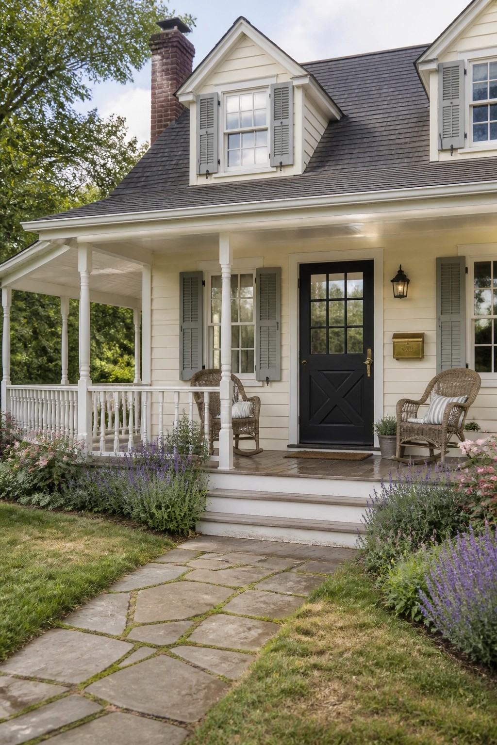 Cream painted siding on a farmhouse exterior with white trim and a dark front door.