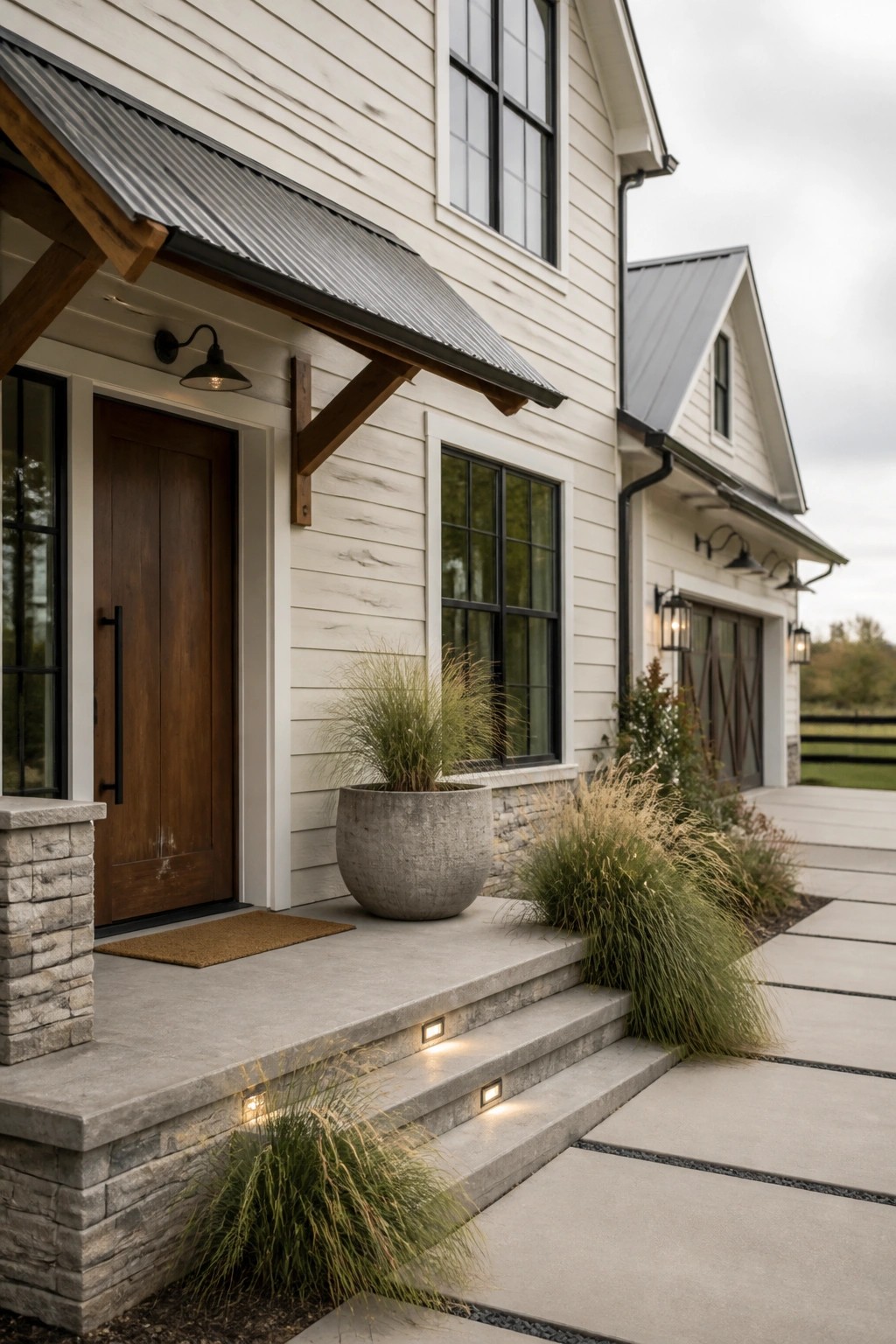 Farmhouse exterior with warm cream siding and black-framed windows.