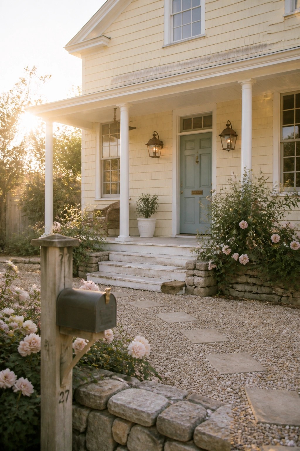 A farmhouse exterior painted in warm cream siding with white trim.
