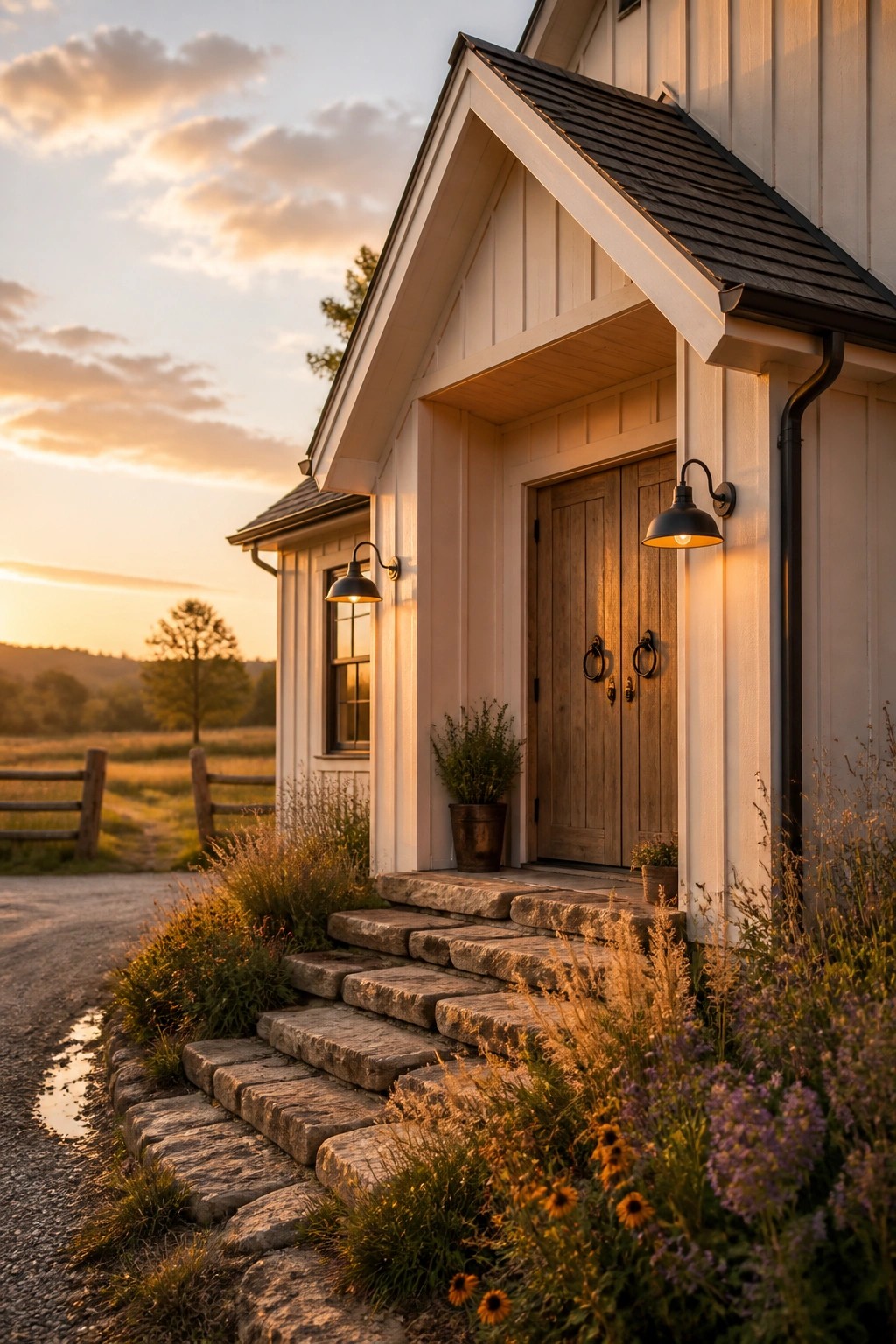 Cream painted siding on a farmhouse exterior with a wooden door.