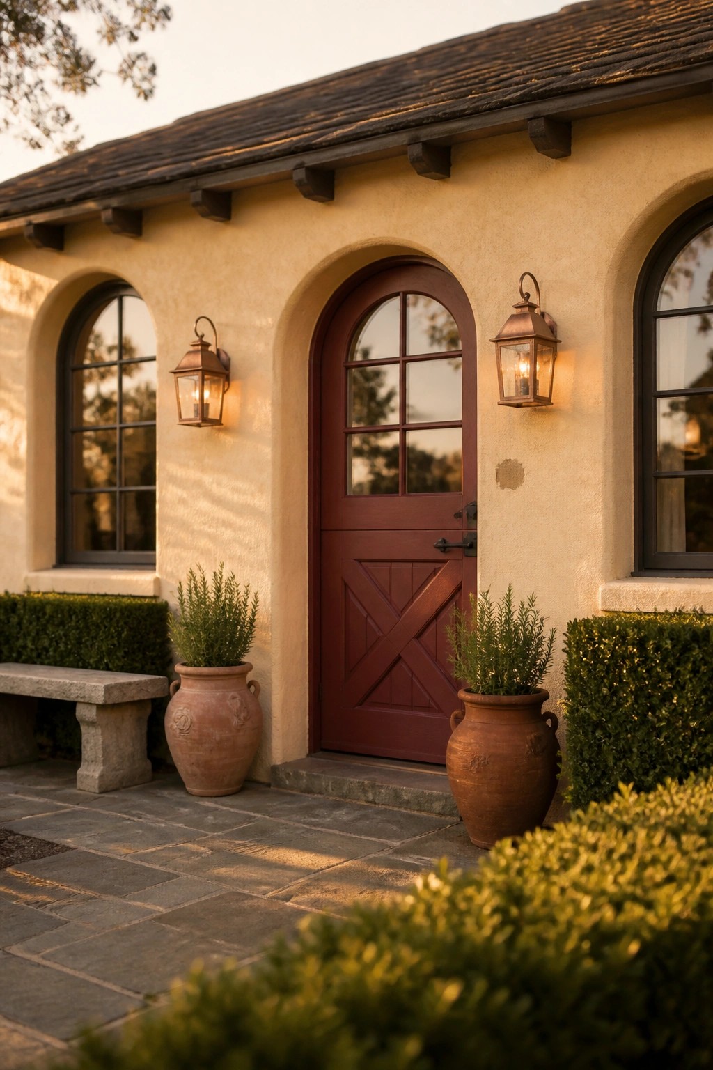 Warm cream stucco walls on a farmhouse exterior.
