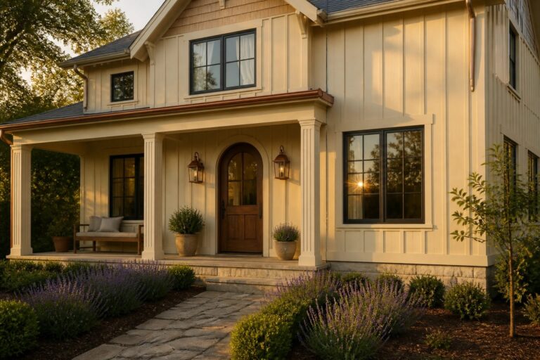 Warm cream siding on a modern farmhouse exterior with stone accents.