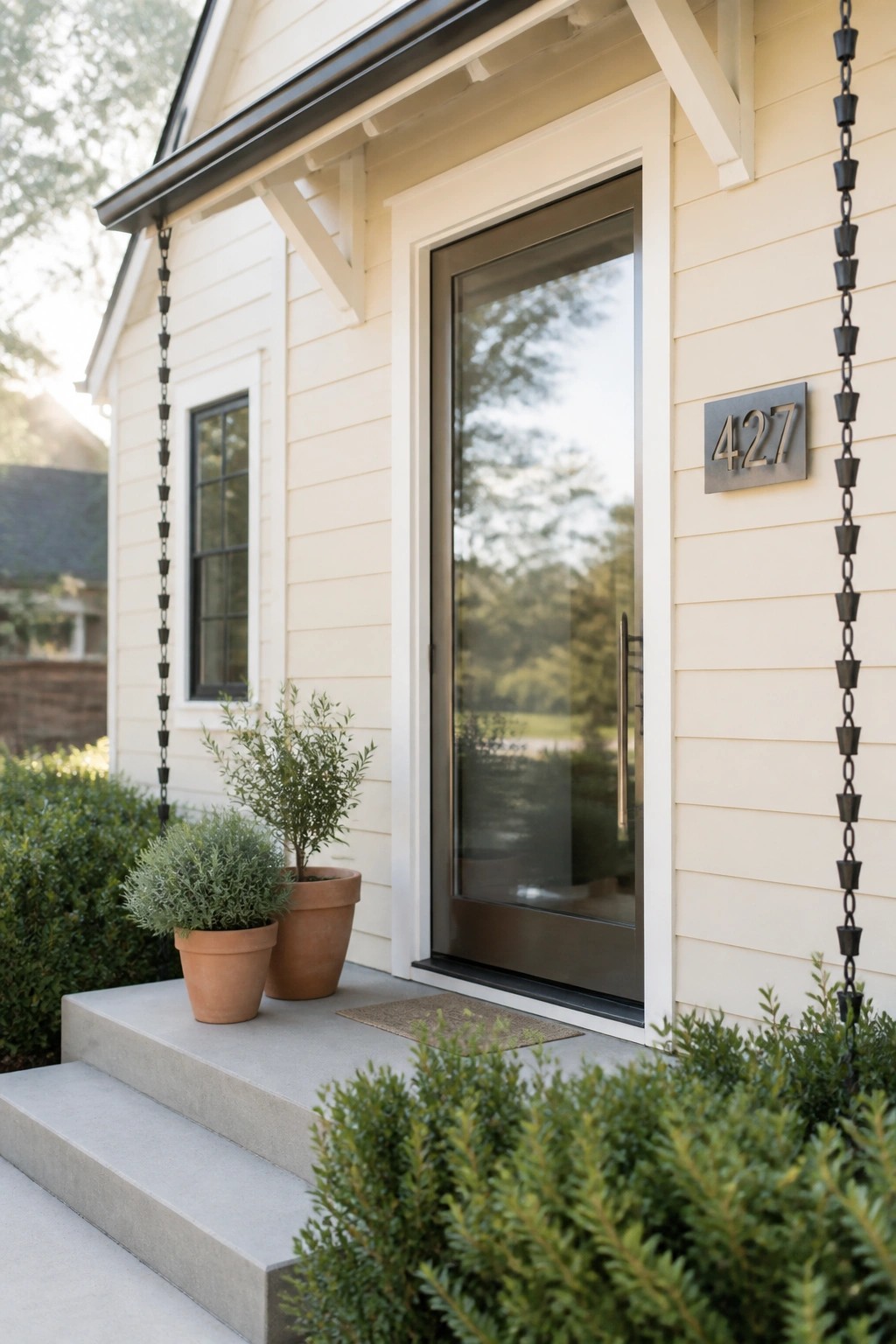 Cream painted siding on a modern farmhouse exterior next to a glass door and concrete steps.