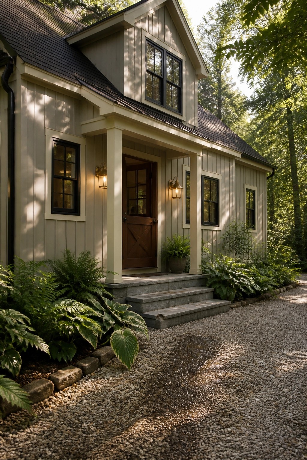 Modern farmhouse exterior with soft greige siding and a wooden front door.