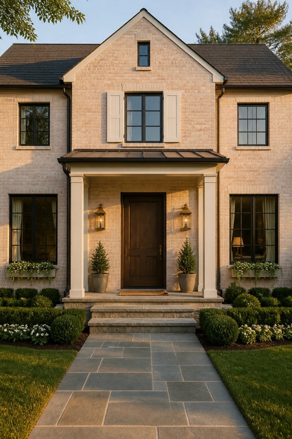 A light cream painted brick exterior on a modern farmhouse with stone steps and dark windows.