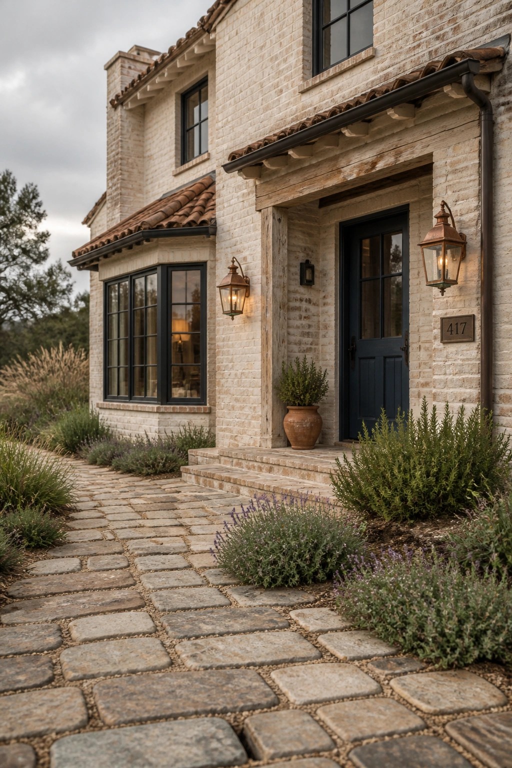 Warm cream painted brick on a modern farmhouse exterior.