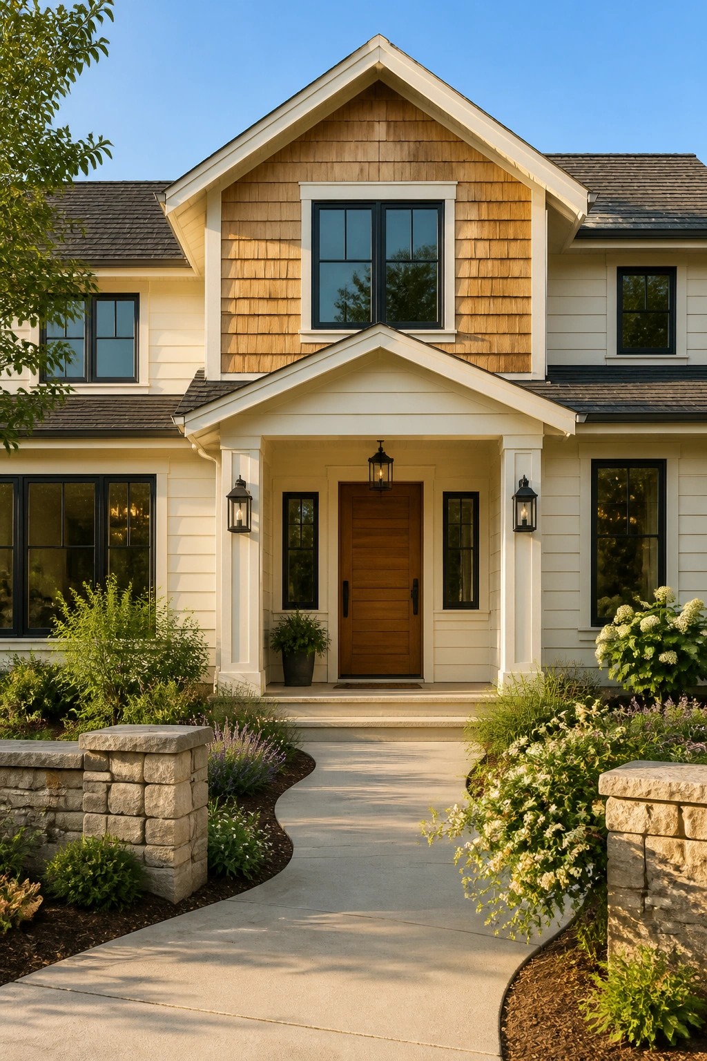 Modern farmhouse exterior with warm cream siding and dark windows.
