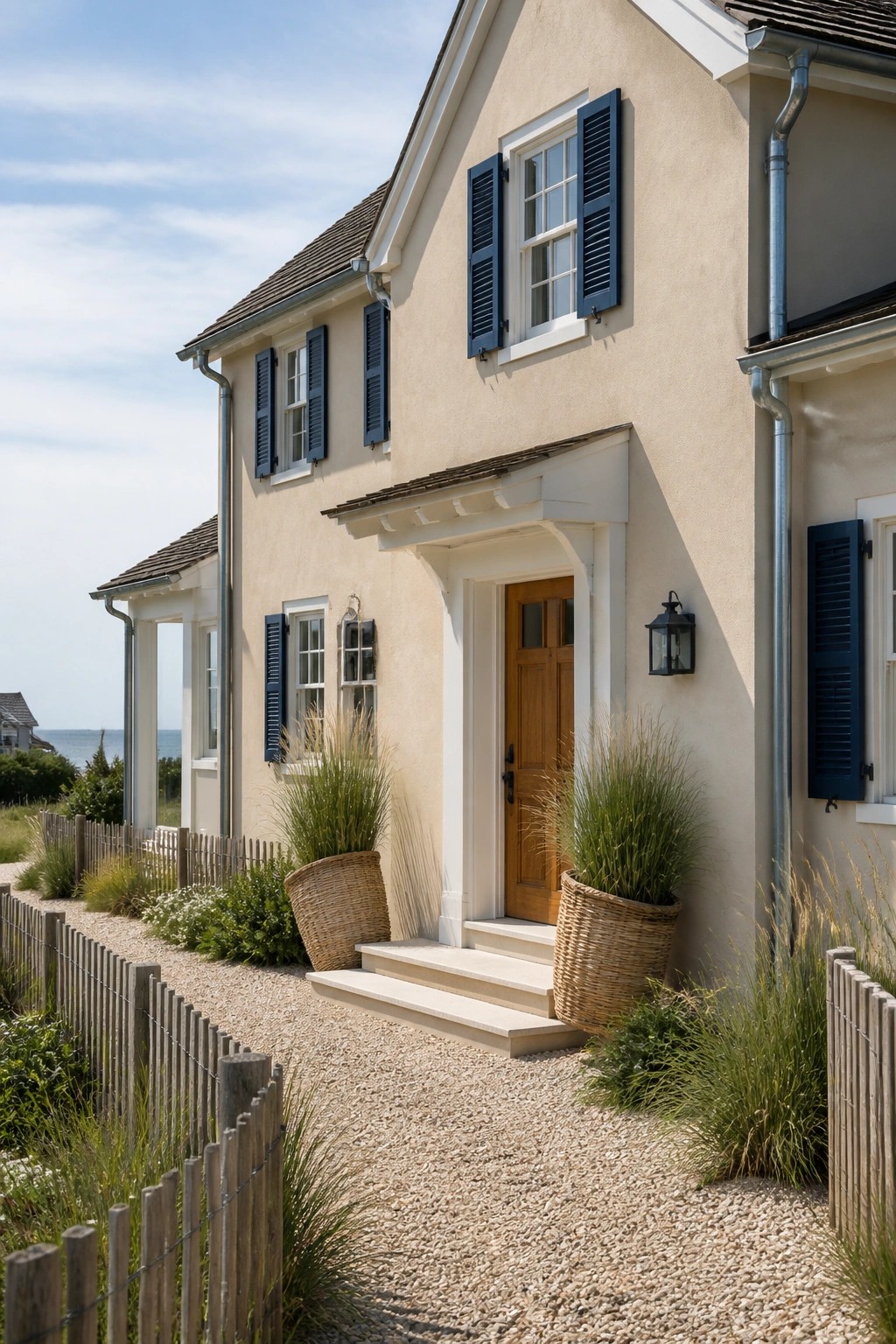 A modern farmhouse exterior painted in a warm cream color.
