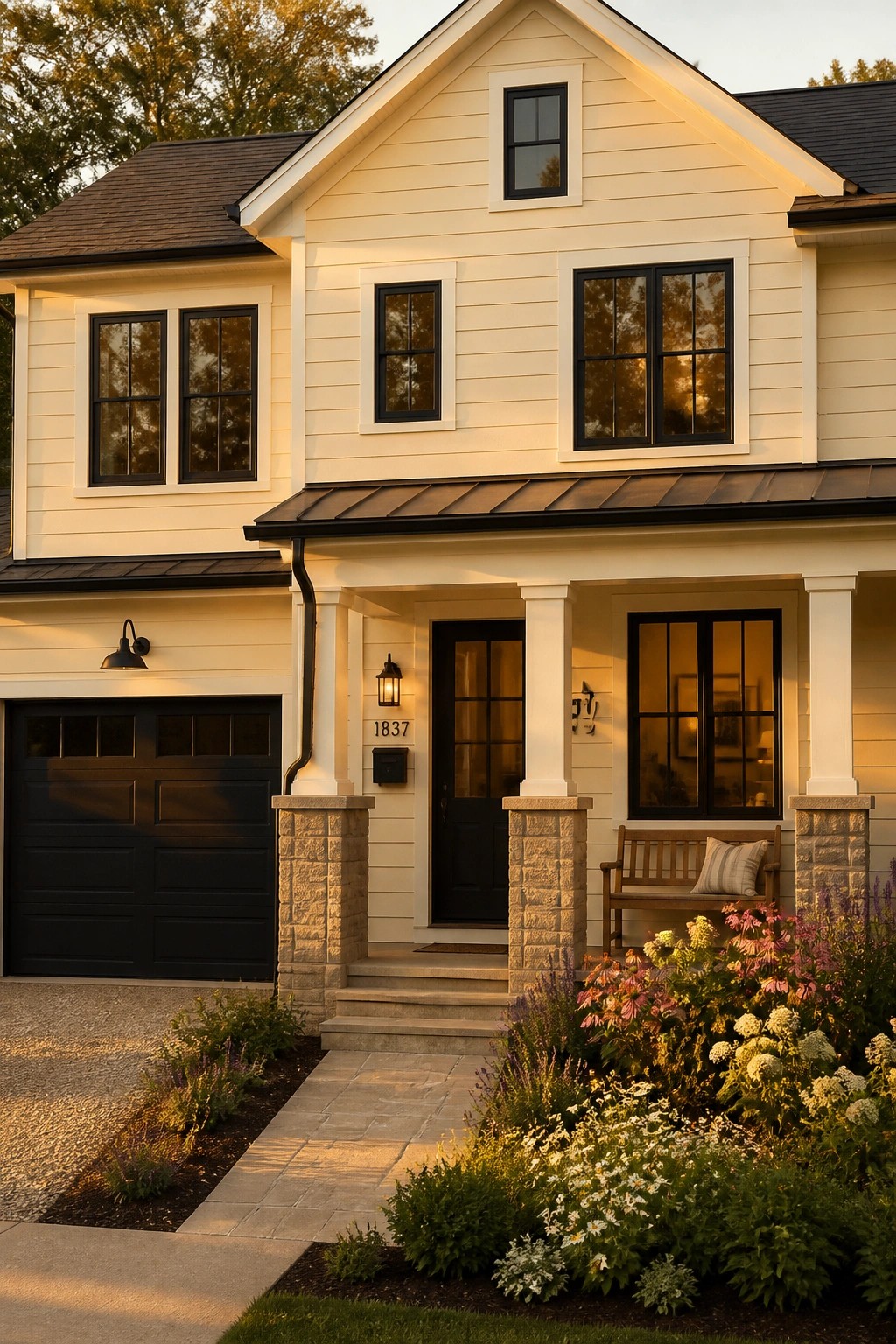 A modern farmhouse exterior painted in warm cream siding with black windows.