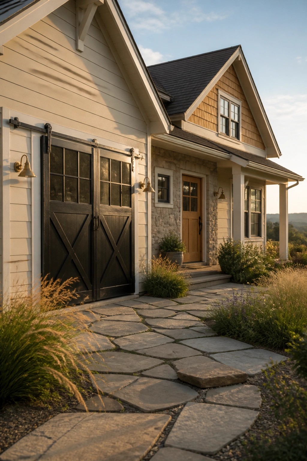 Cream painted siding on a modern farmhouse exterior with stone accents.