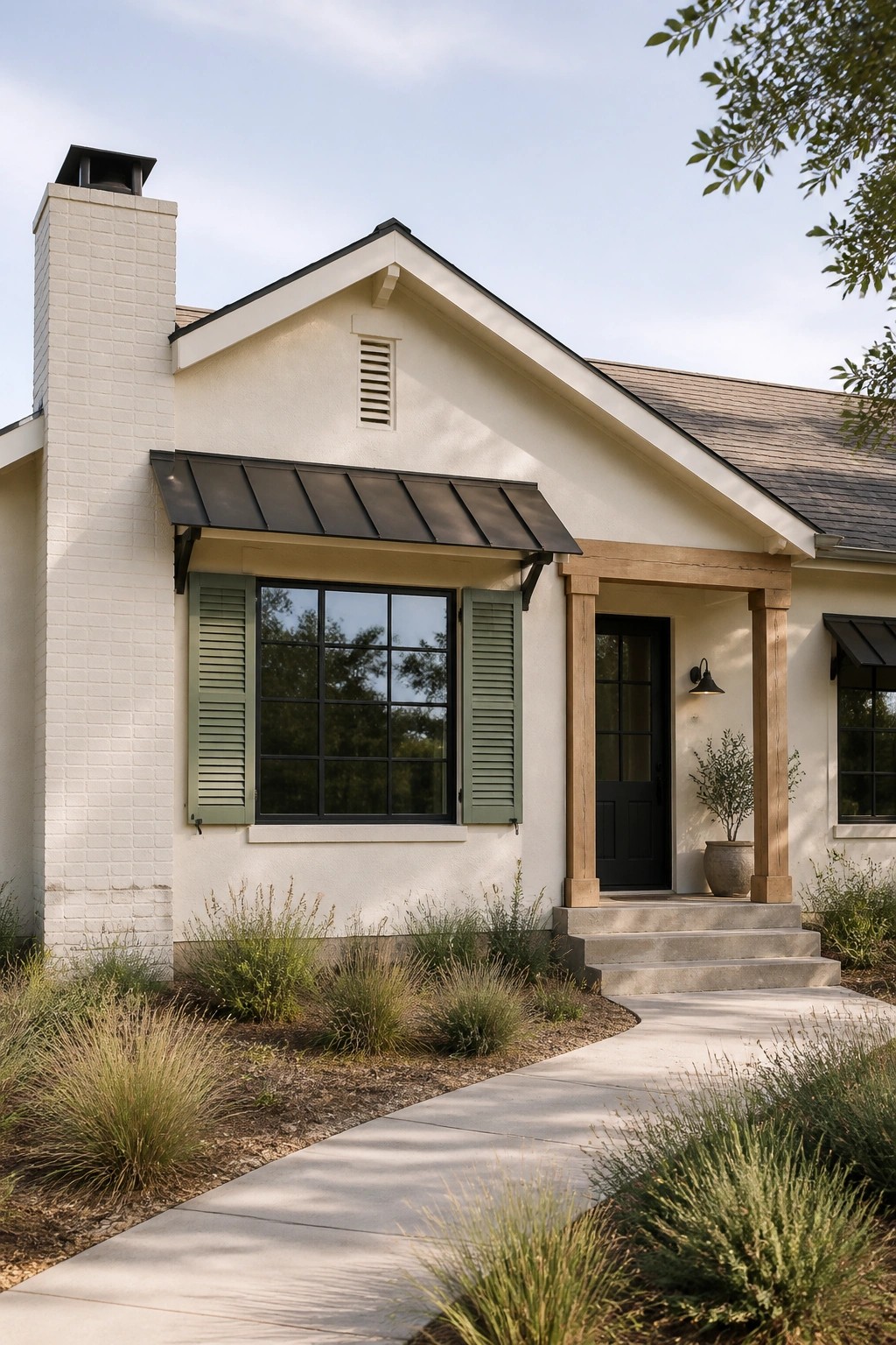 A modern farmhouse with warm cream siding and black window trim.