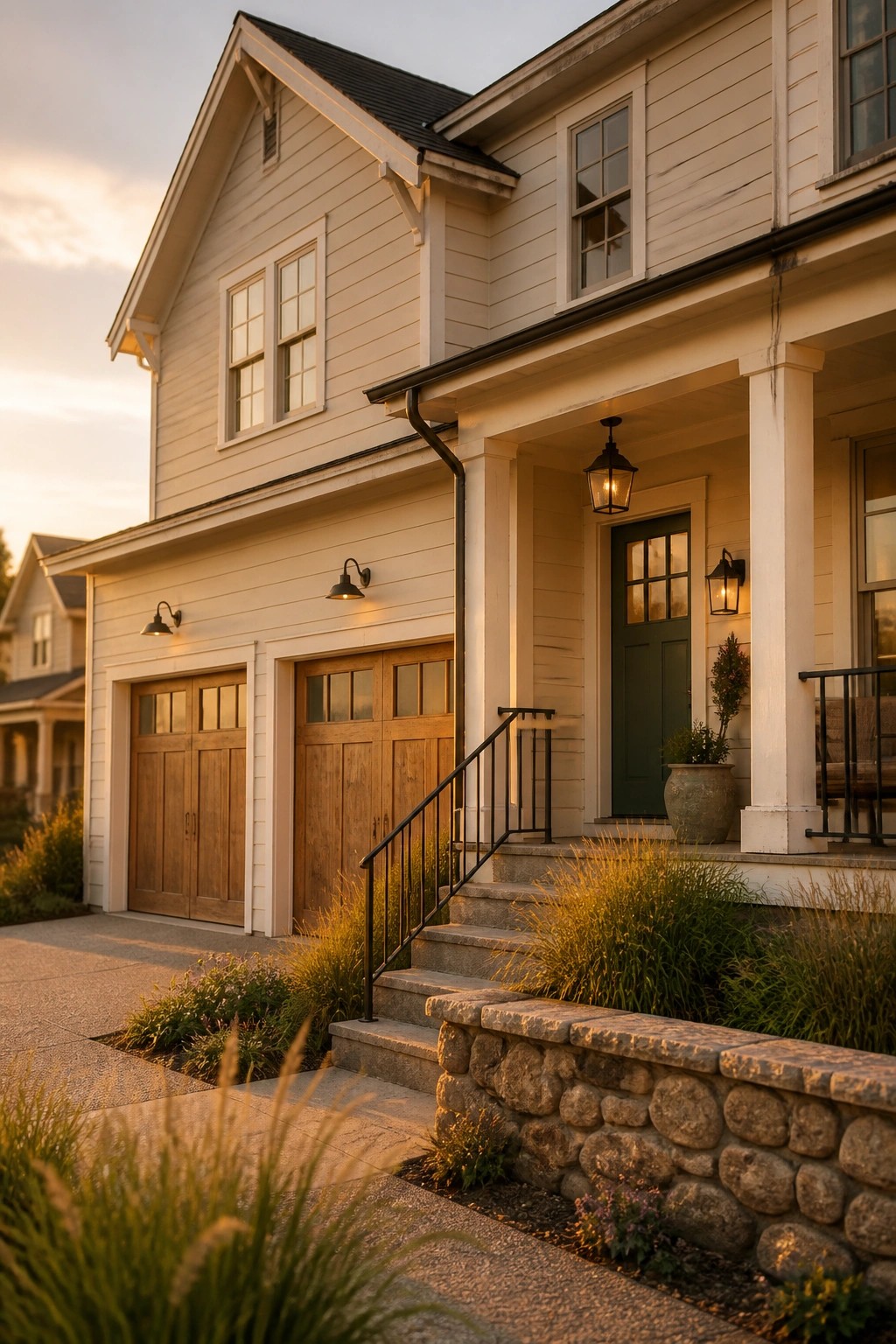 A modern farmhouse with warm cream siding and wood garage doors.
