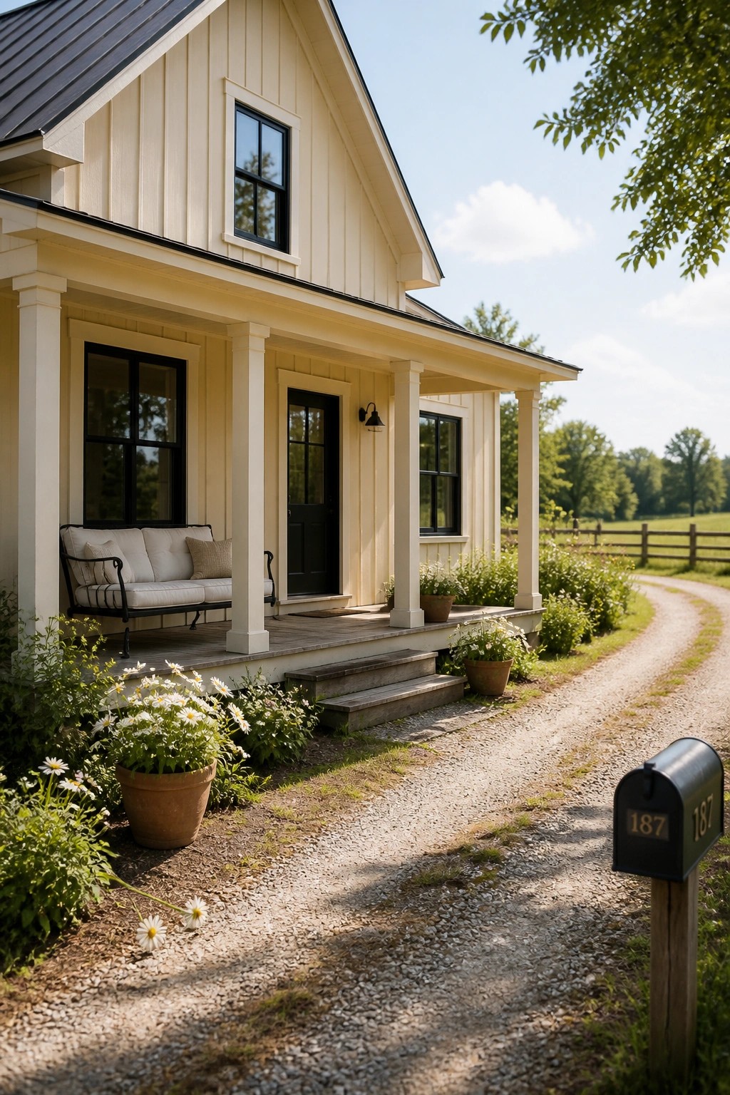 A modern farmhouse with warm cream siding along a gravel driveway.