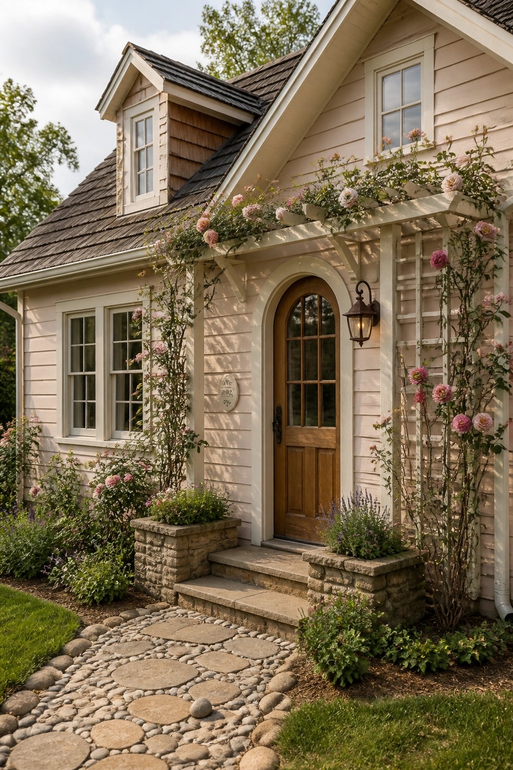 Light cream painted siding on a modern farmhouse exterior with a wooden front door.