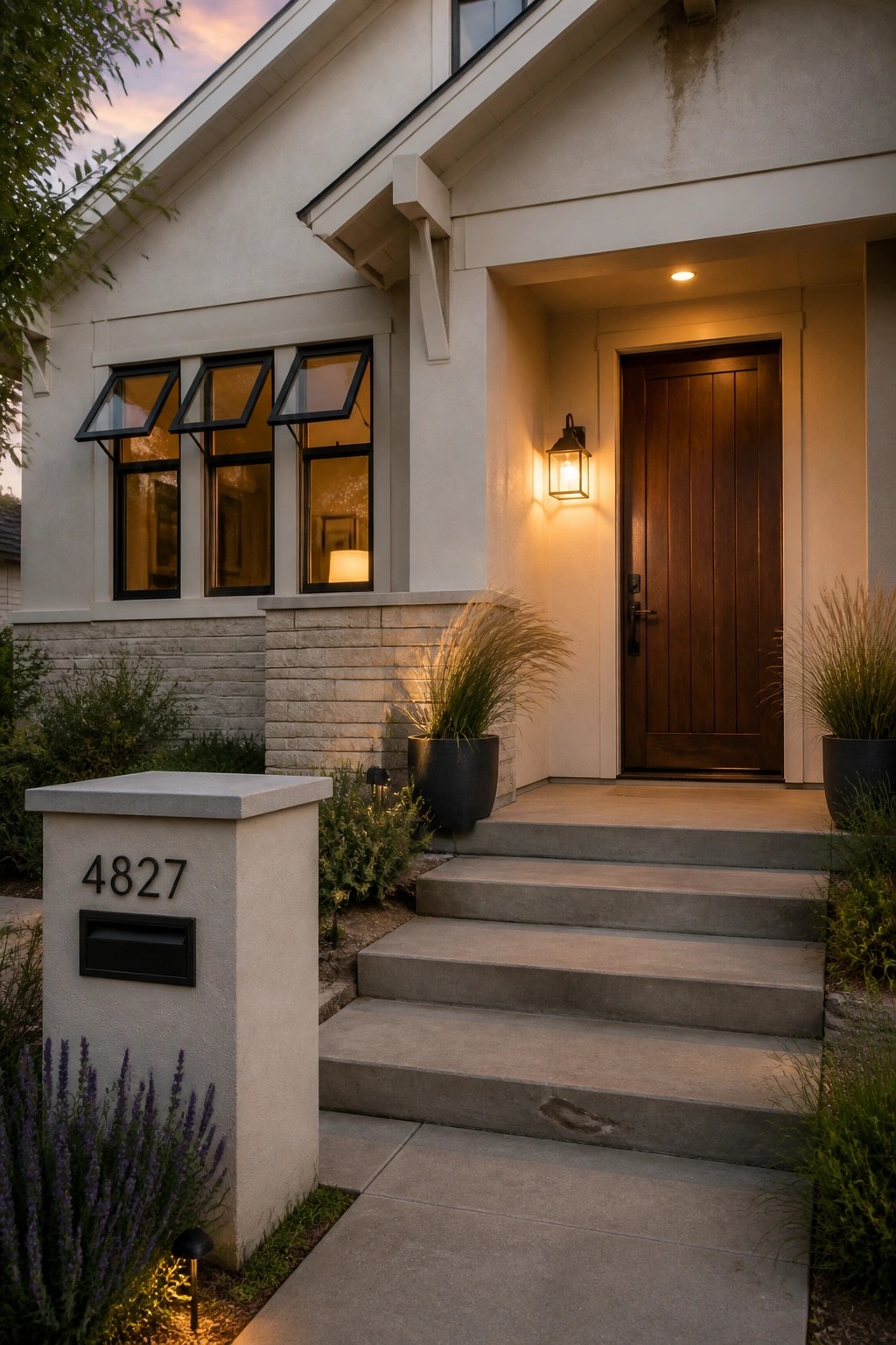 Warm cream siding on a modern farmhouse exterior with stone accents and concrete steps.