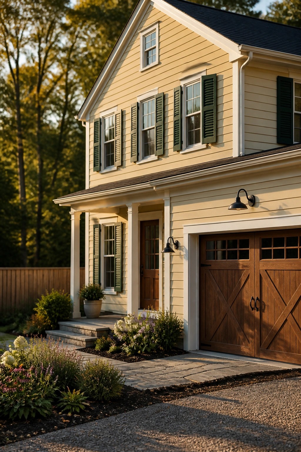 Warm cream siding on a modern farmhouse exterior.