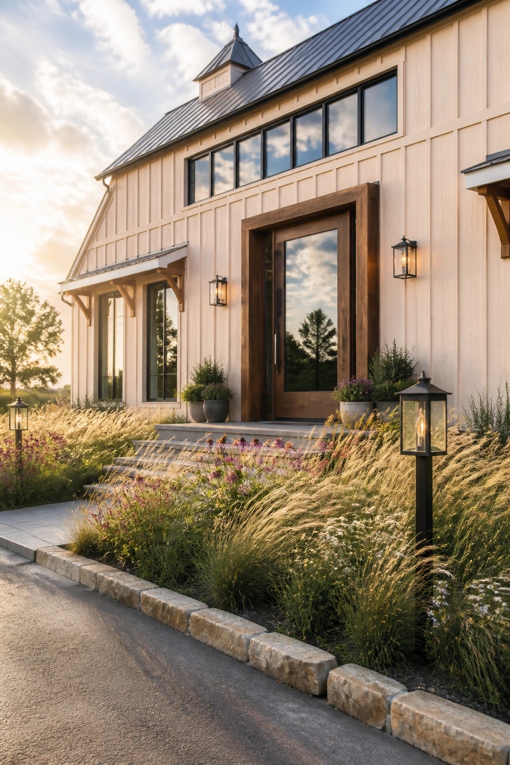 Modern farmhouse with wooden door, large windows, stone steps, and wild grasses at sunset
