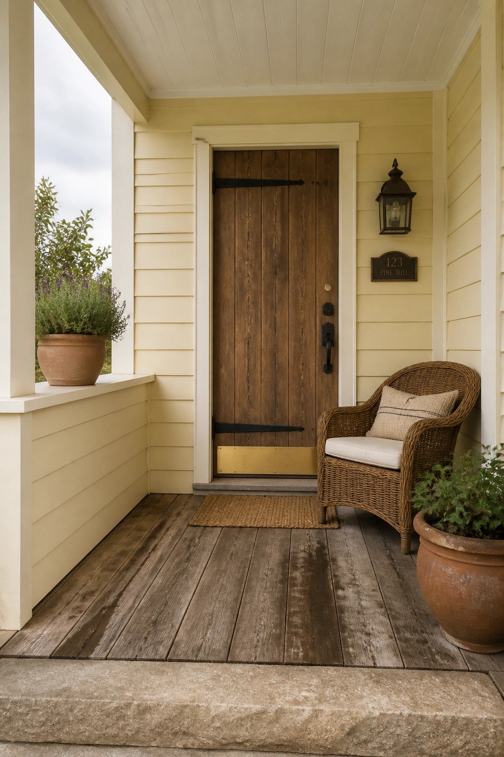 The house exterior features soft cream siding on a modern farmhouse porch.