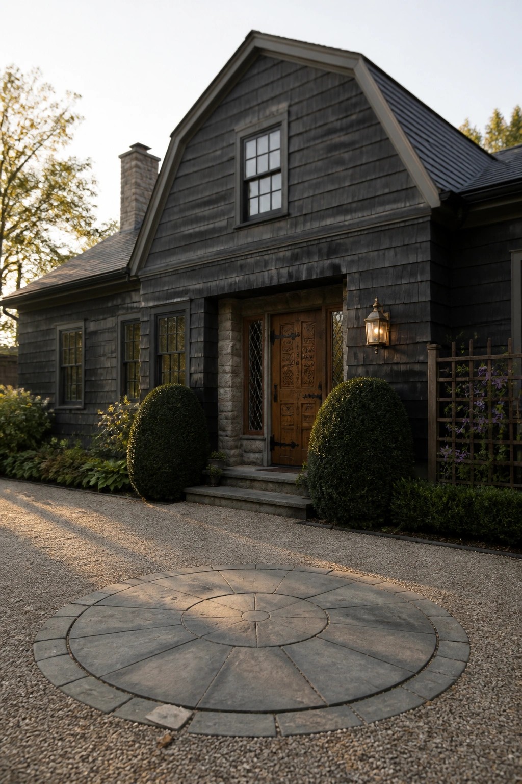 A dark wood shingled house with a large carved wooden front door set in a stone surround and a circular stone paver on the gravel drive.