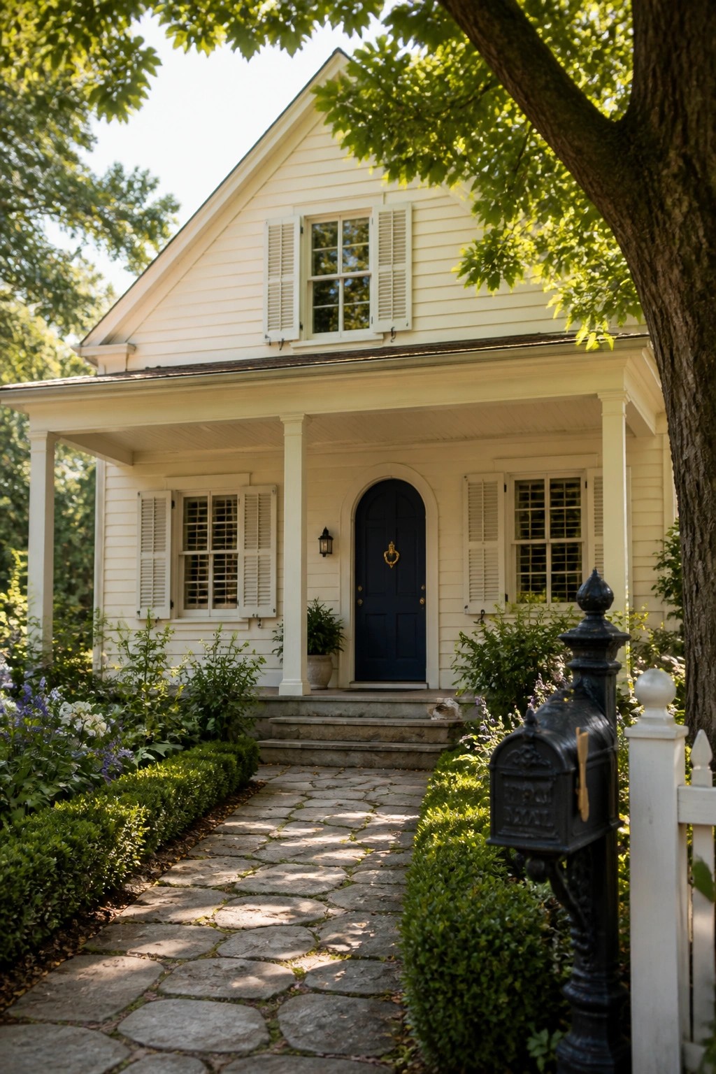 A pale yellow historic farmhouse with white shutters, a dark blue front door, and a stone path leading to the porch.