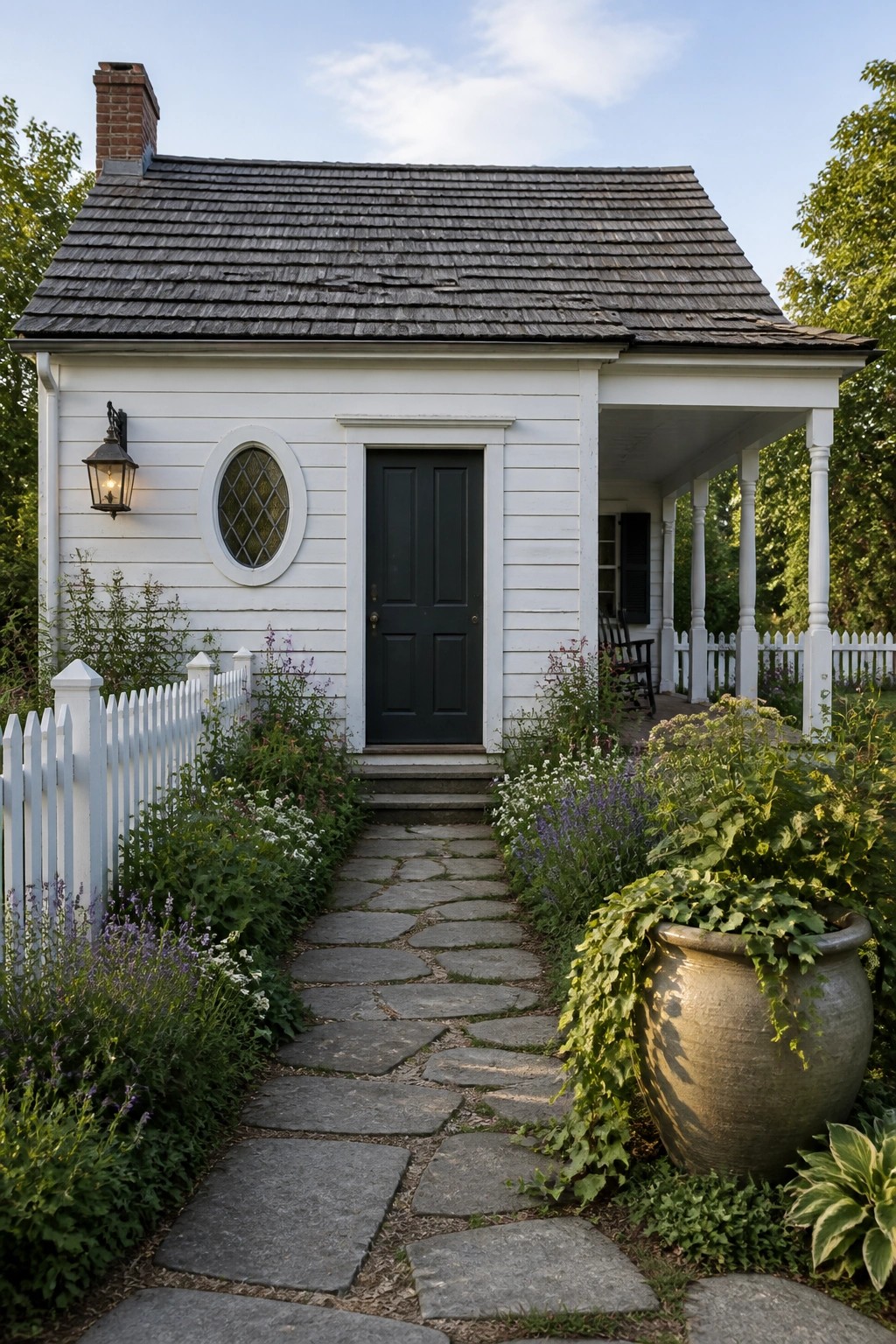 A small white clapboard house with a dark green front door, stone path leading to the steps, and a large potted plant near the porch.