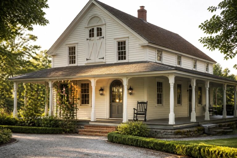 A light green historic farmhouse with a front porch supported by white columns, an arched entry door, and landscaping along a gravel driveway.