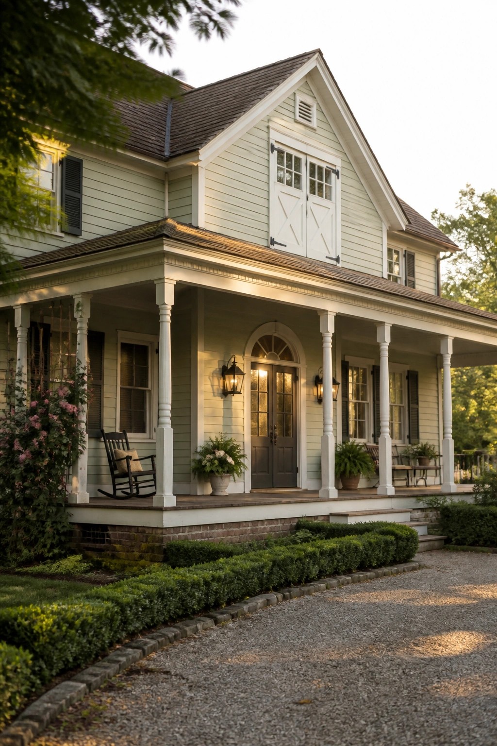 A light green historic farmhouse with a front porch supported by white columns, an arched entry door, and landscaping along a gravel driveway.