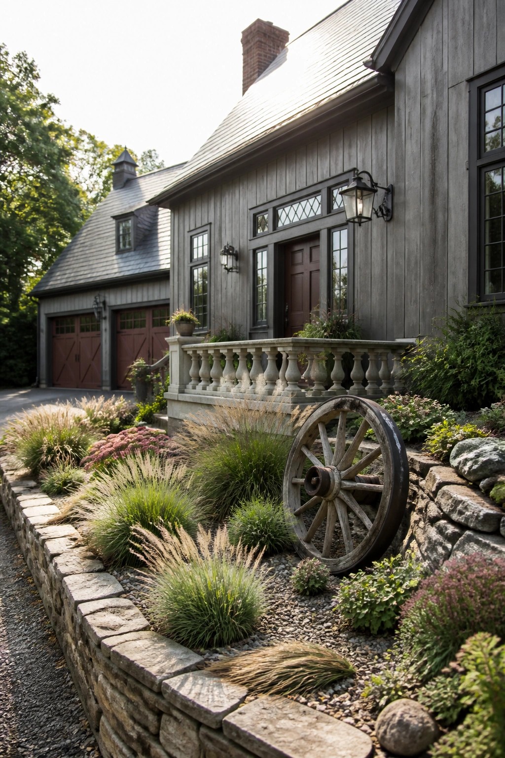 A gray wooden historic farmhouse exterior with a low stone retaining wall, gravel bed, ornamental grasses, and a large wooden wagon wheel in the foreground.