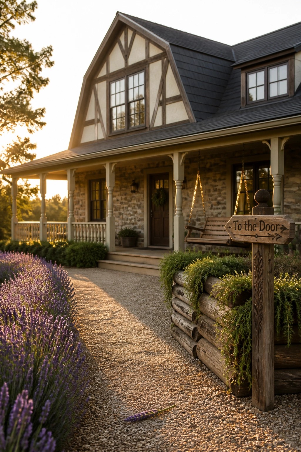 A stone farmhouse with timber framing on the upper gable, front porch, wooden swing, gravel path, and lavender planting.