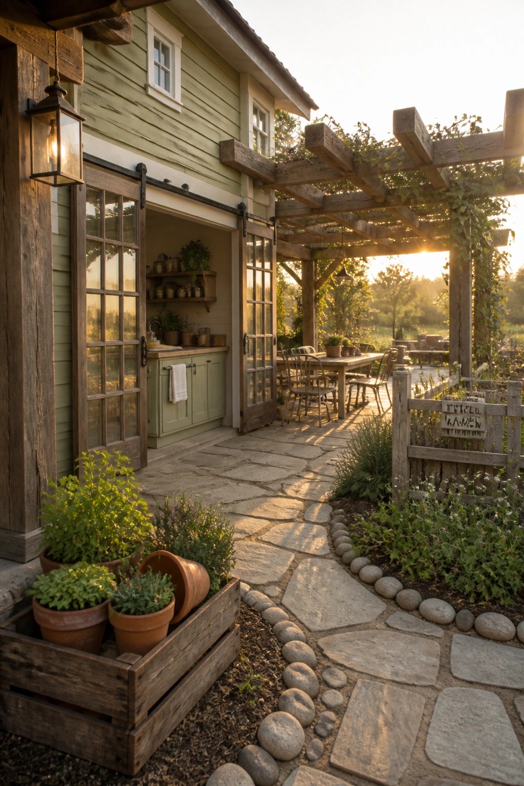 A green farmhouse with sliding barn doors stands beside a wooden pergola covering a long outdoor dining table, with a stone path and potted plants in the foreground.